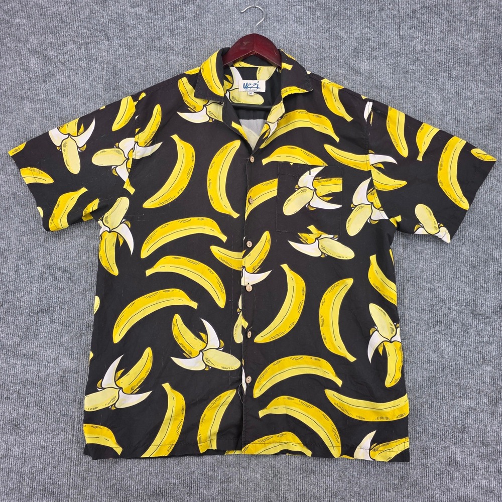 Uzzi Amphibious Gear Banana Print Shirt Mens Medium Black Yellow Hawaiian Camp
